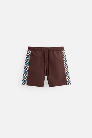 LONG CONTRAST TRIM SWIMMING TRUNKS - Burgundy by Zara