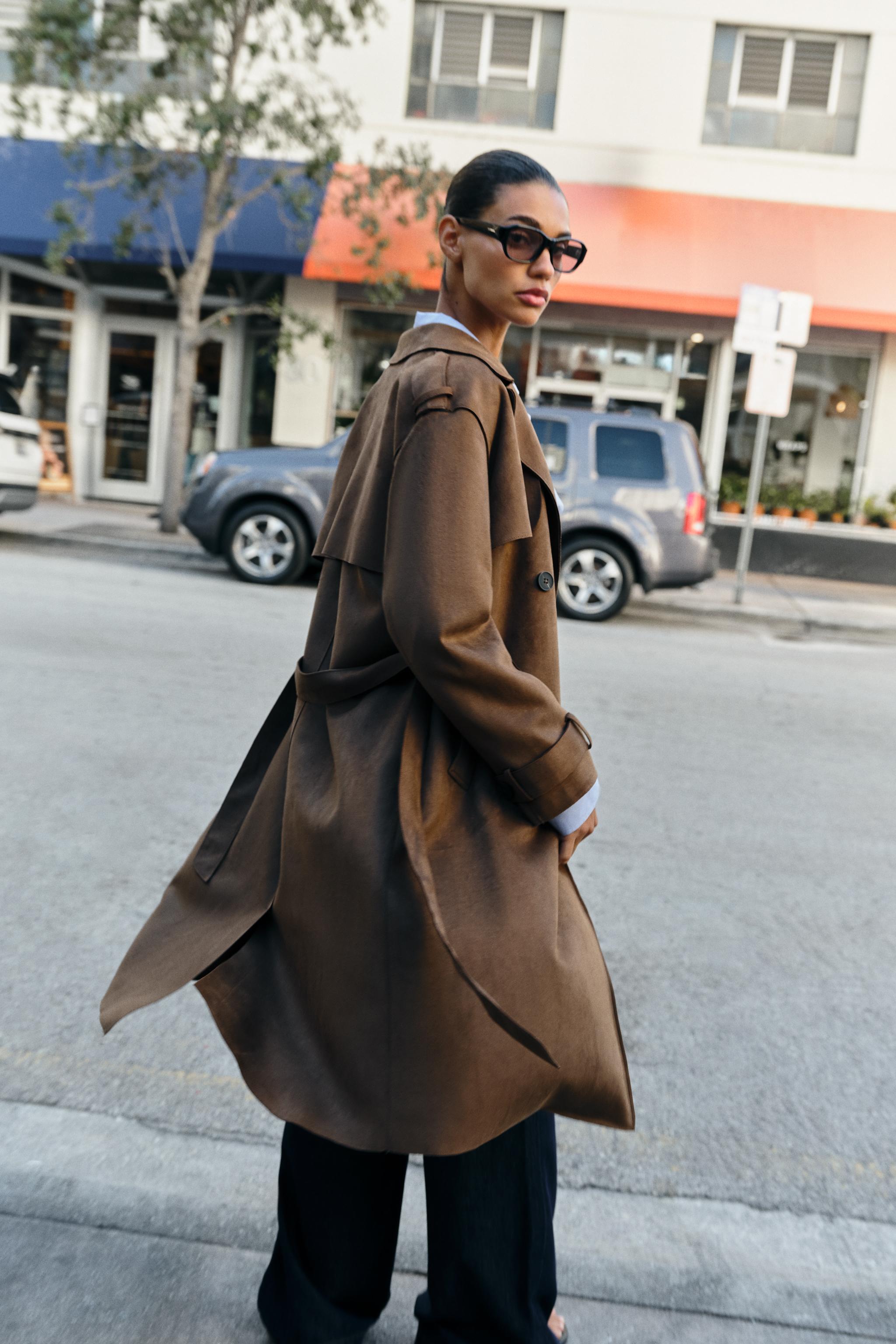 LONG SUEDE EFFECT BELTED TRENCH COAT