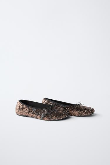 Zara SEQUIN BALLET FLATS - Silver
