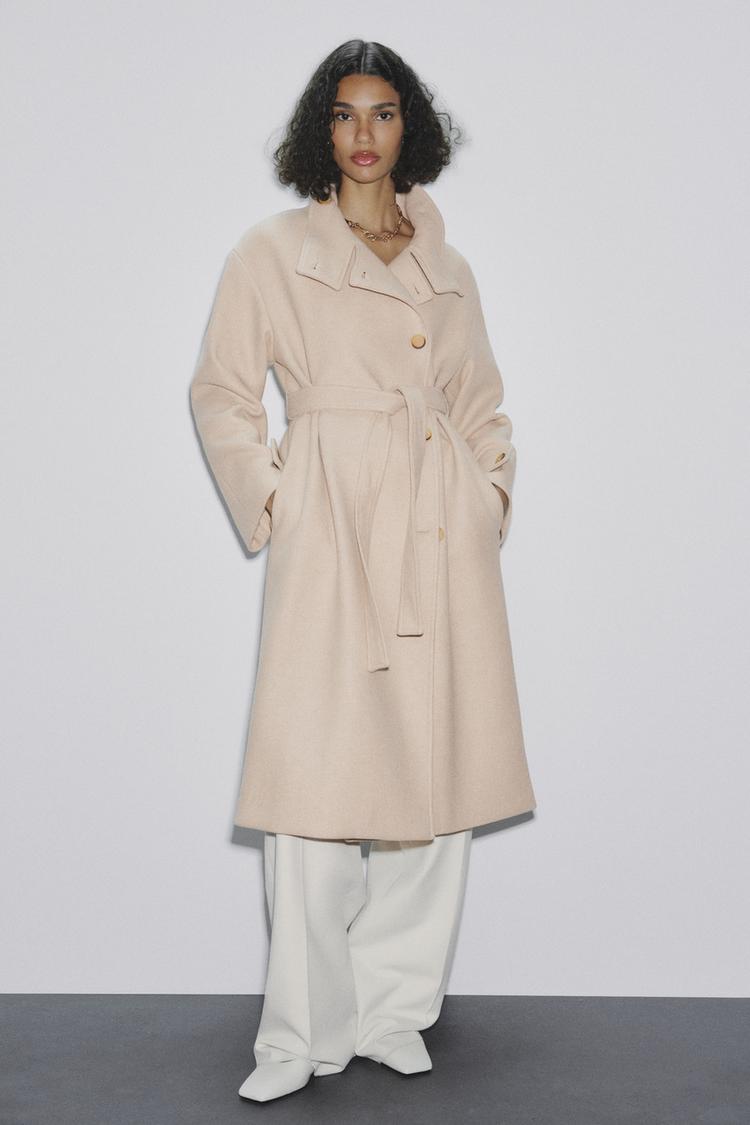 WOOL BLEND COAT WITH BELT Sand ZARA Australia