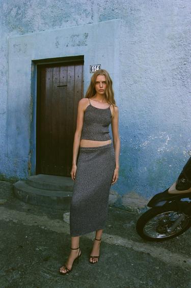 FALDA MIDI HILO METALIZADO - Negro / Plata de Zara