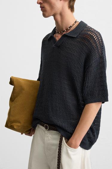 POLO EN MAILLE AJOURÉE - Gris anthracite de Zara - Image 4