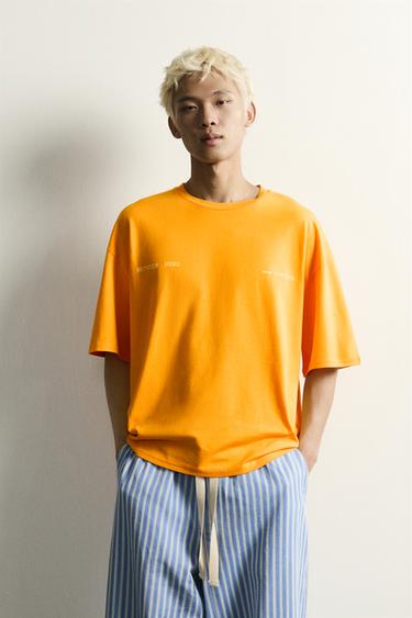 Zara RELAXED FIT COMBINED EMBROIDERED T-SHIRT - Orange