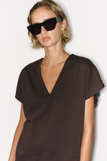 Zara V-NECK T-SHIRT - Brown