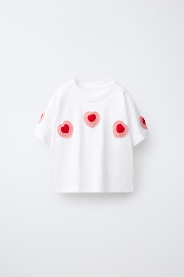 クロシェットハートアップリケTシャツホワイト0ZaraのクロシェットハートアップリケTシャツ - ホワイト - 画像 0