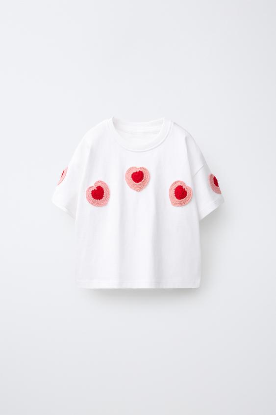 T-SHIRT WITH CROCHET HEART APPLIQUÉ - White by Zara - Image 0