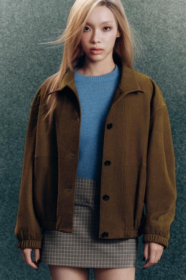 Zara ZW COLLECTION 限量版 皮革飛行員夾克 - 卡其色