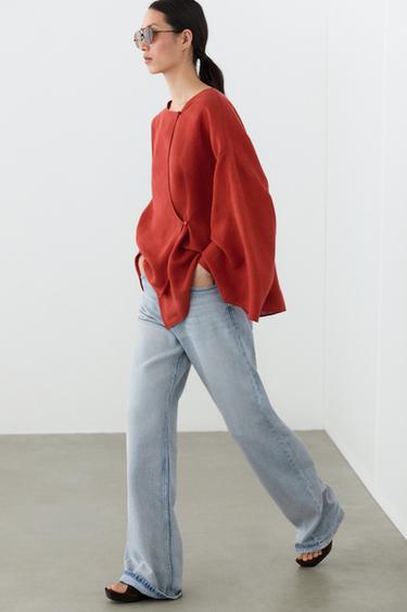 Zara Flowing 100% linen surplice blouse - Red / Orange