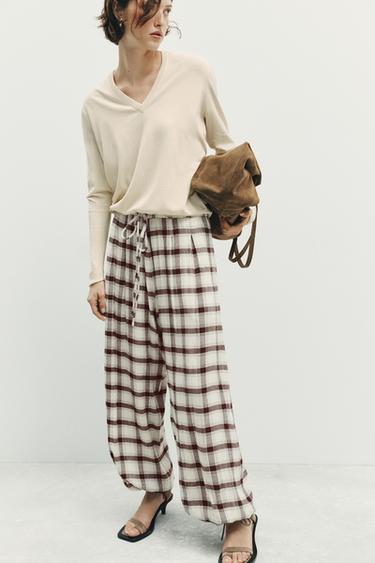 ZW COLLECTION CHECK SAROUEL TROUSERS - Brown / Ecru by Zara
