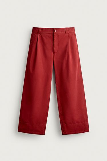 Zara PLEATED WIDE FIT PANTS - Red