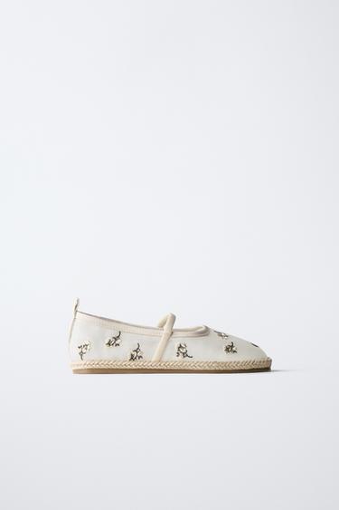 EMBROIDERED JUTE BALLET FLATS - Ecru White by Zara