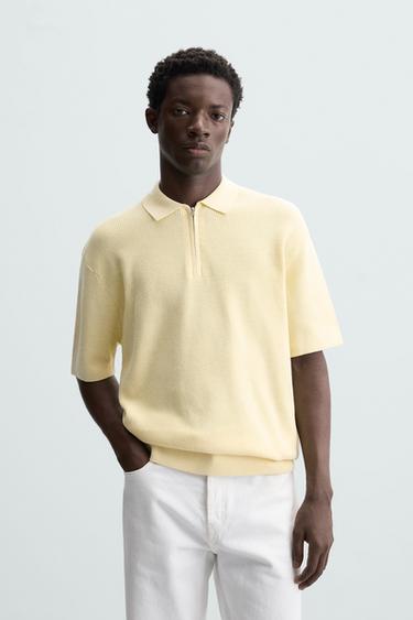 Zara PURL KNIT ZIPPER POLO SHIRT - Light yellow