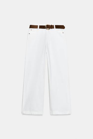 HIGH-WAIST WIDE-LEG CROPPED BELTED JEANS - White by Zara