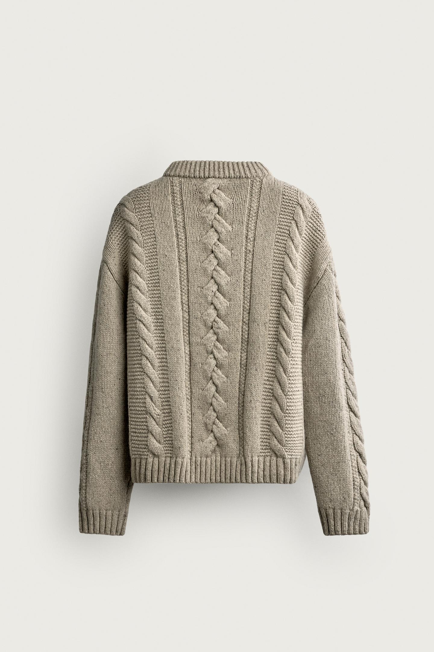 Мужской свитер Zara 100% Wool Cable-Knit Botonato Jumper, цвет: Песочный / Меланжевый — фото 8