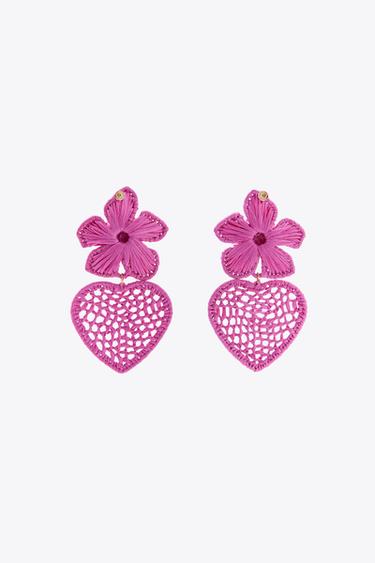 Zara RAFFIA FLORAL HEART EARRINGS - Fuchsia