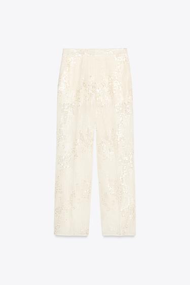 PANTALON DROIT À SEQUINS - Blanc cassé de Zara - Image 2