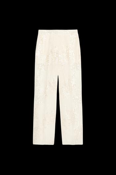 Zara SEQUIN STRAIGHT LEG PANTS - Oyster-white - Image 0