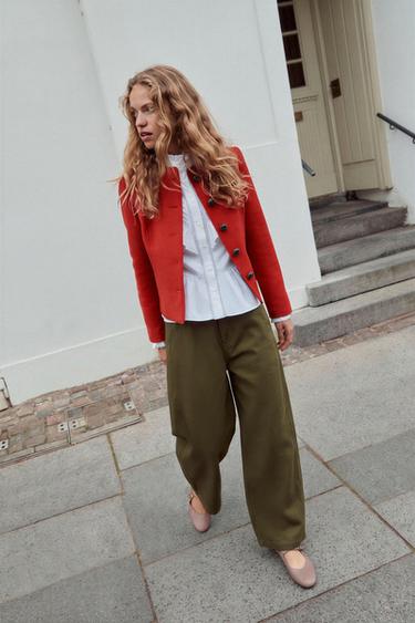 STRIPED BARREL-LEG PANTS — Khaki 1