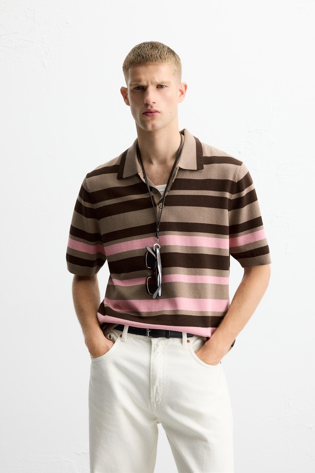 STRIPED JACQUARD KNIT POLO SHIRT - Brown by Zara