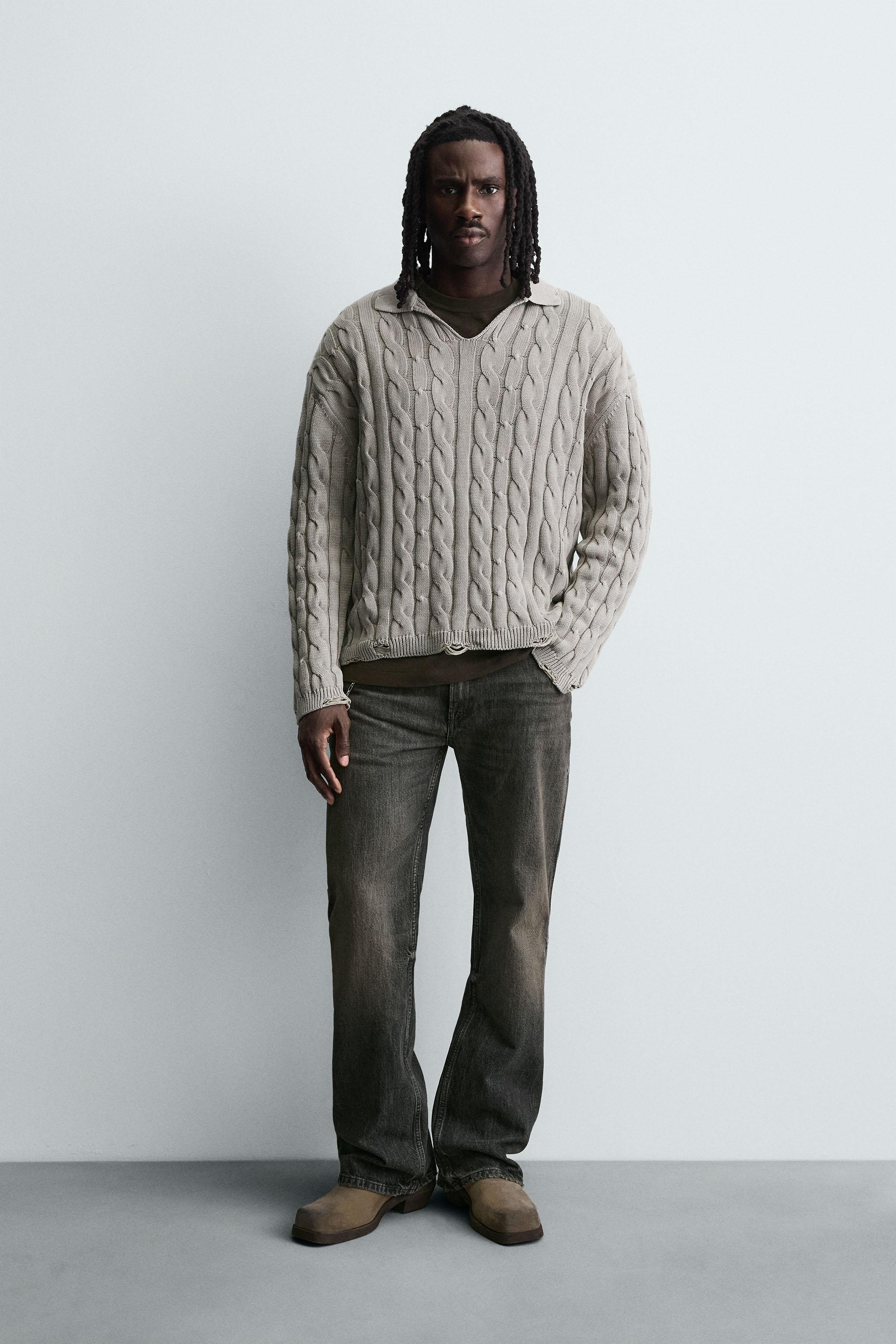 ダメージ加工を施したストラクチャー編みポロシャツ - パールグレー