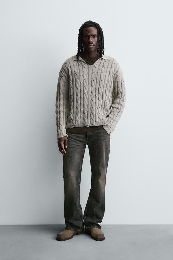 DISTRESSED BRAIDED TEXTURED POLO SHIRT