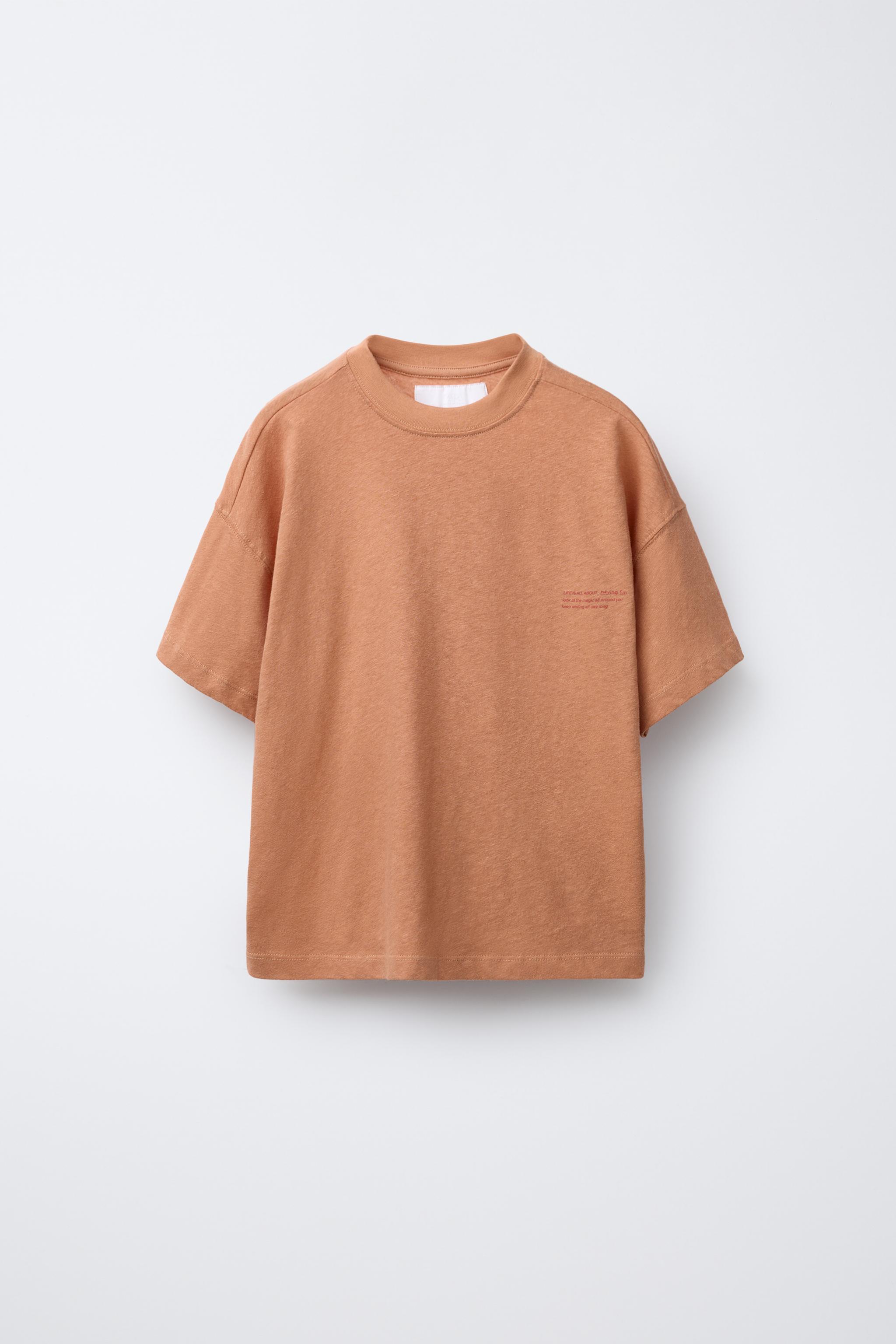 テキスト入りコットン＆リネンTシャツ - オークル | ZARA Japan