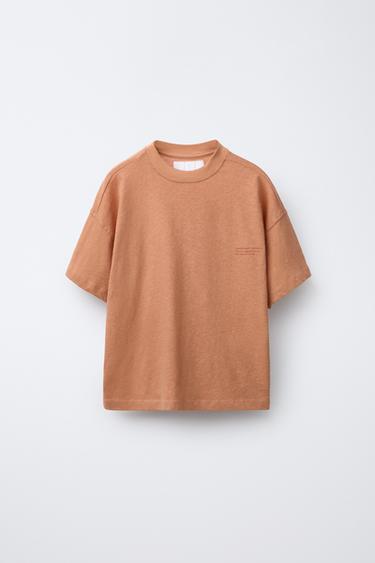 COTTON AND LINEN SLOGAN T-SHIRT - Ochre by Zara