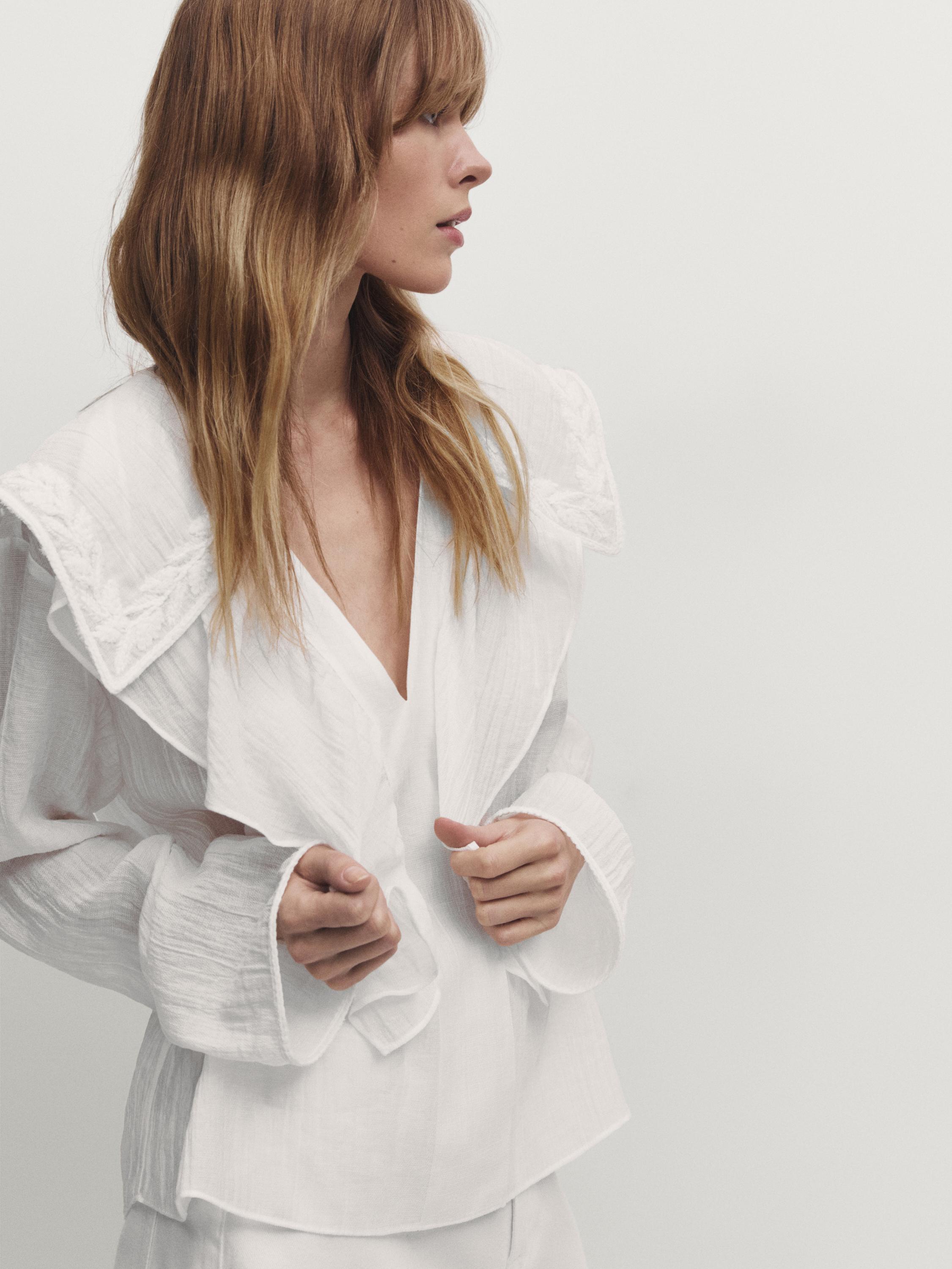 Ruffled shirt with embroidered detail - White | ZARA Canada