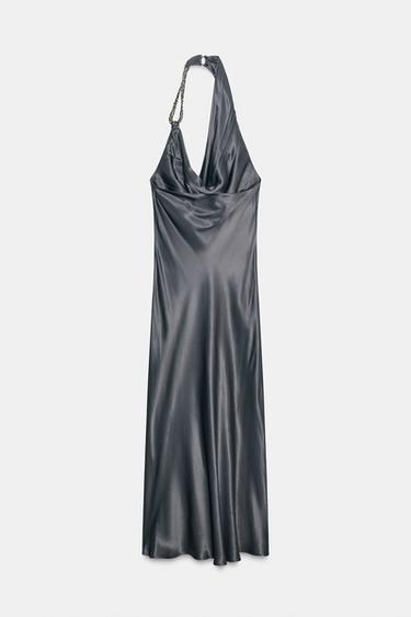 ROBE MIDI SATINÉE ASYMÉTRIQUE FANTAISIE - Gris anthracite de Zara - Image 8