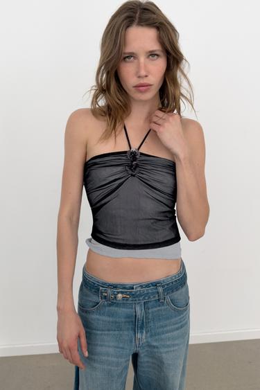 Zara HALTER TULLE FLOWER TOP - Black