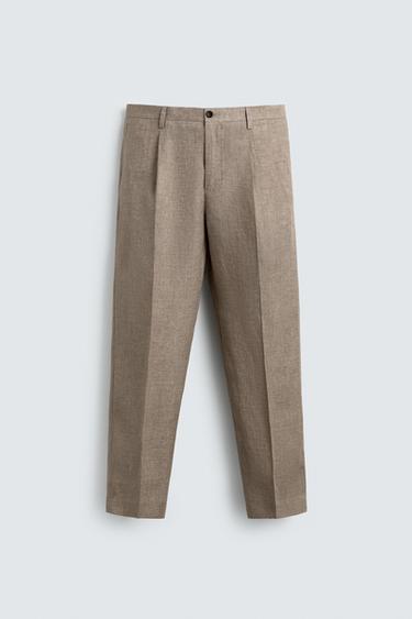 بنطلون بقصة عادية 100% كتان - رملي /فيجوريه الخاص بـ Zara