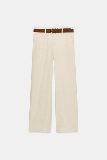 LINEN BLEND CULOTTES WITH BELT - Light beige by Zara