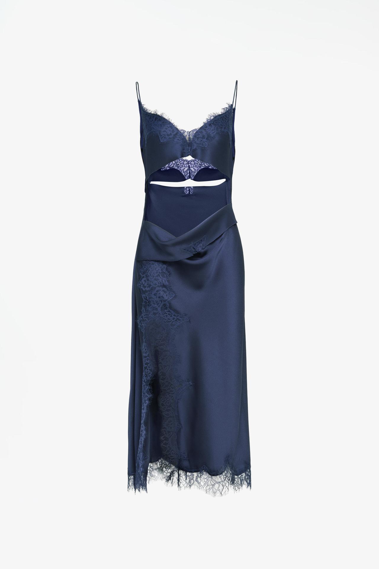 LIMITED EDITION SATIN LACE MIDI DRESS WITH CUTOUTS — Blue / Indigo