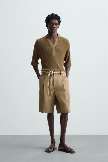 Zara PEARL KNIT POLO SHIRT - Khaki