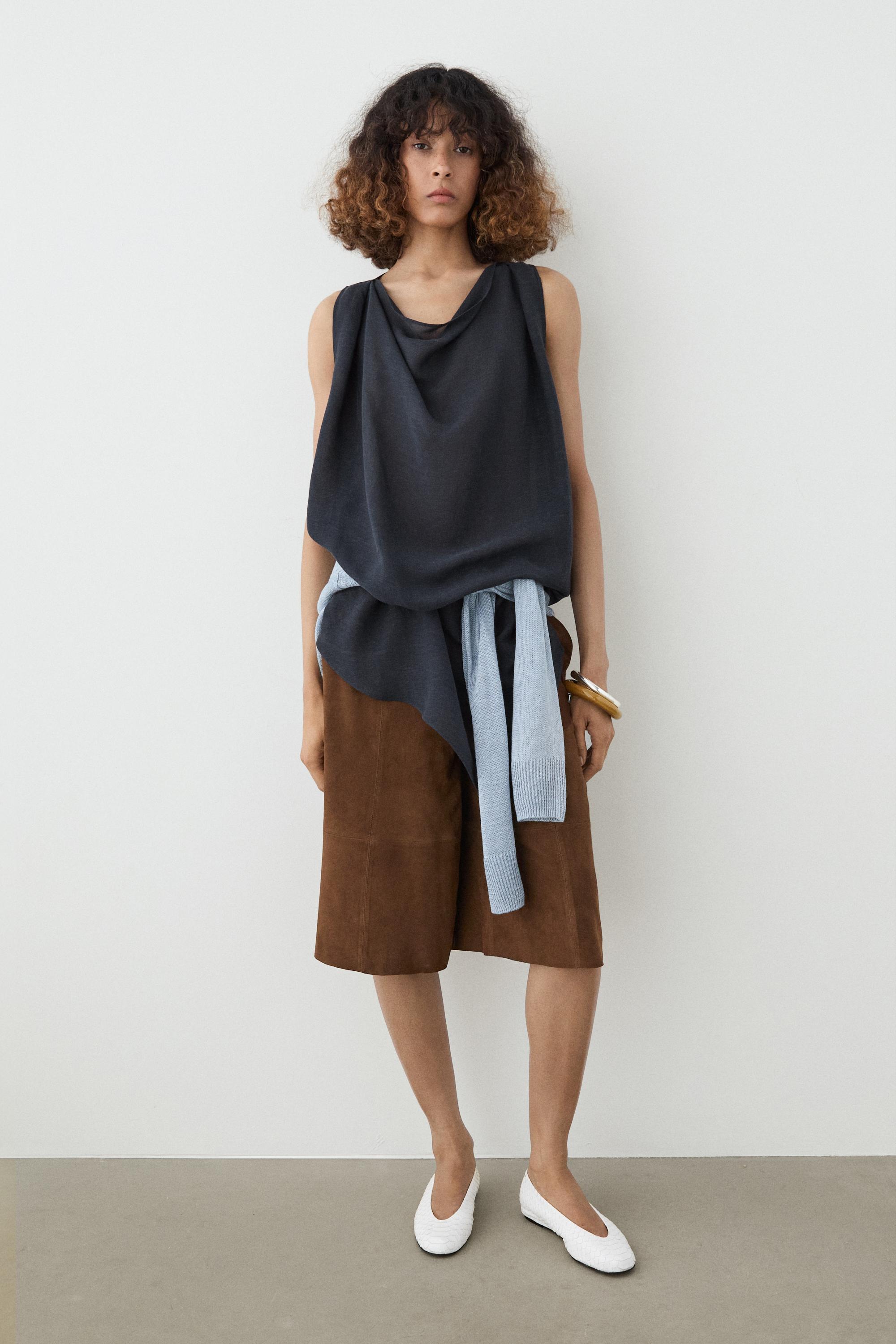 Asymmetric linen blend top
