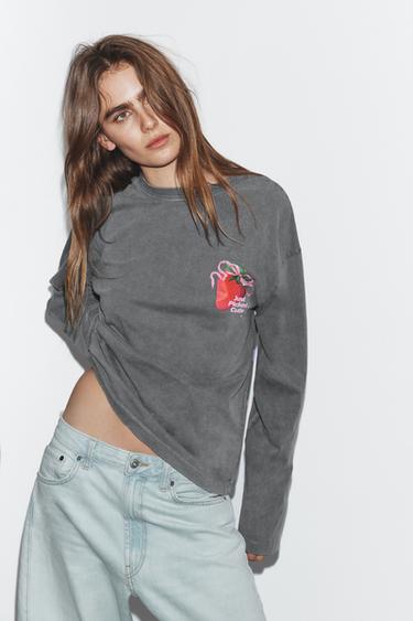 VASKET T-SHIRT MED FRONTPRINT - grå fra Zara