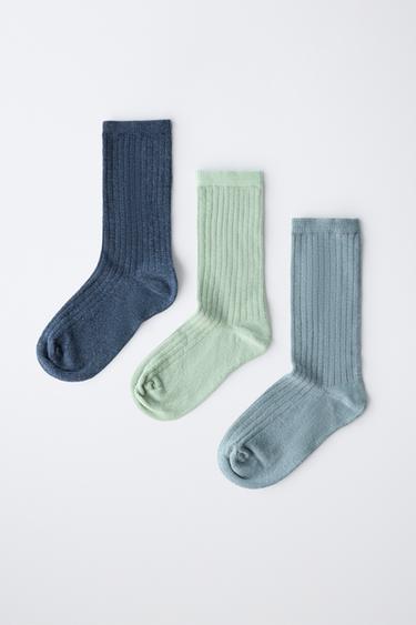 Zara THREE-PACK RIBBED MID-LENGTH SOCKS - Blue / Green