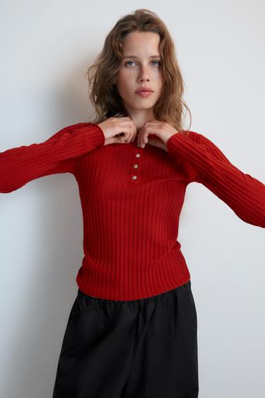 TEXTURED BUTTON-UP T-SHIRT - Red by Zara