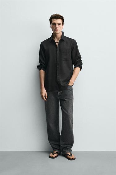 REGULAR FIT LINEN - COTTON SHIRT - Black by Zara