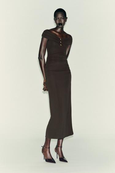 Zara LONG DRAPED DRESS - Dark khaki