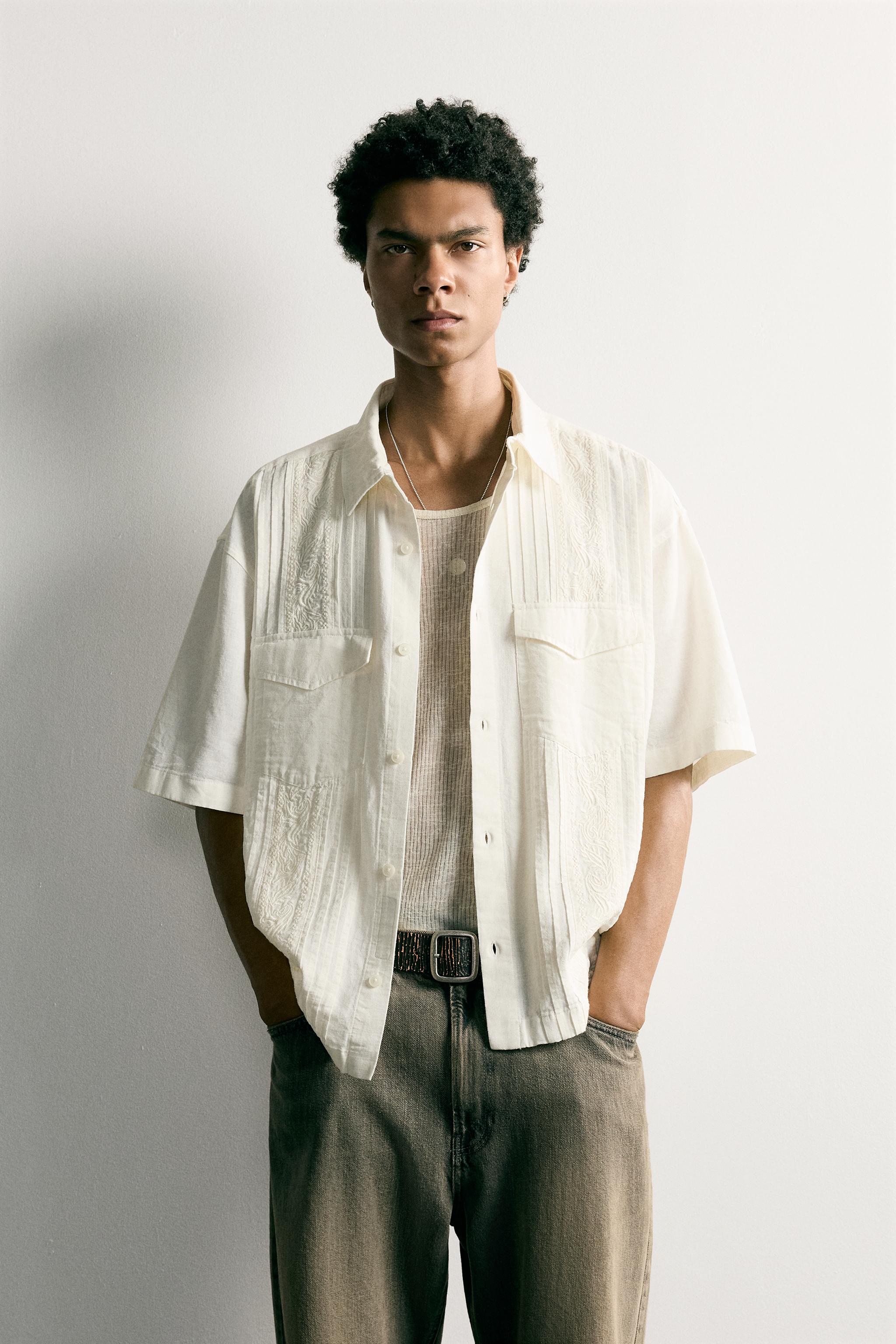 RELAXED FIT EMBROIDERED PLEAT SHIRT — Ecru