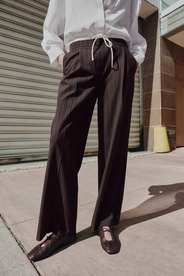 WIDE-LEG TROUSERS WITH DOUBLE WAISTBAND - Brown by Zara