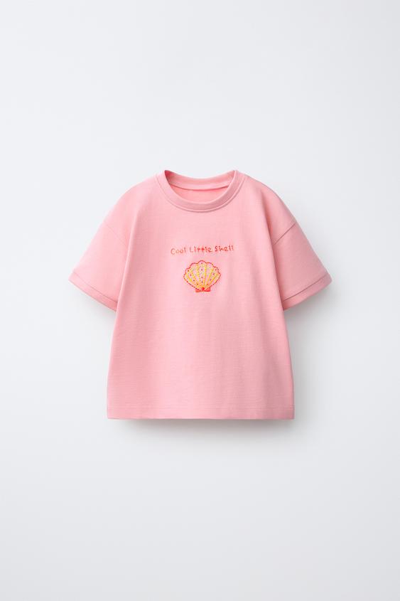 CAMISETA COM BORDADO DE CONCHA - Rosa-giz da Zara - Imagem 0