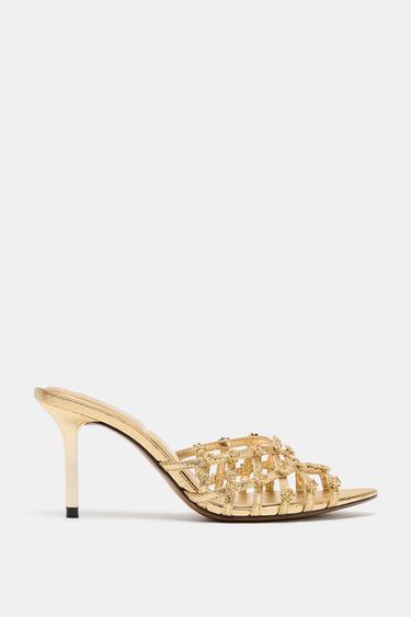 SANDALES À TALONS À STRASS - Or de Zara