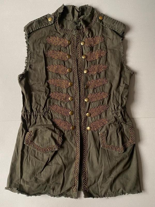 Military green waistcoat with gold details and decorative buttons on the front, vintage style, on a white background.