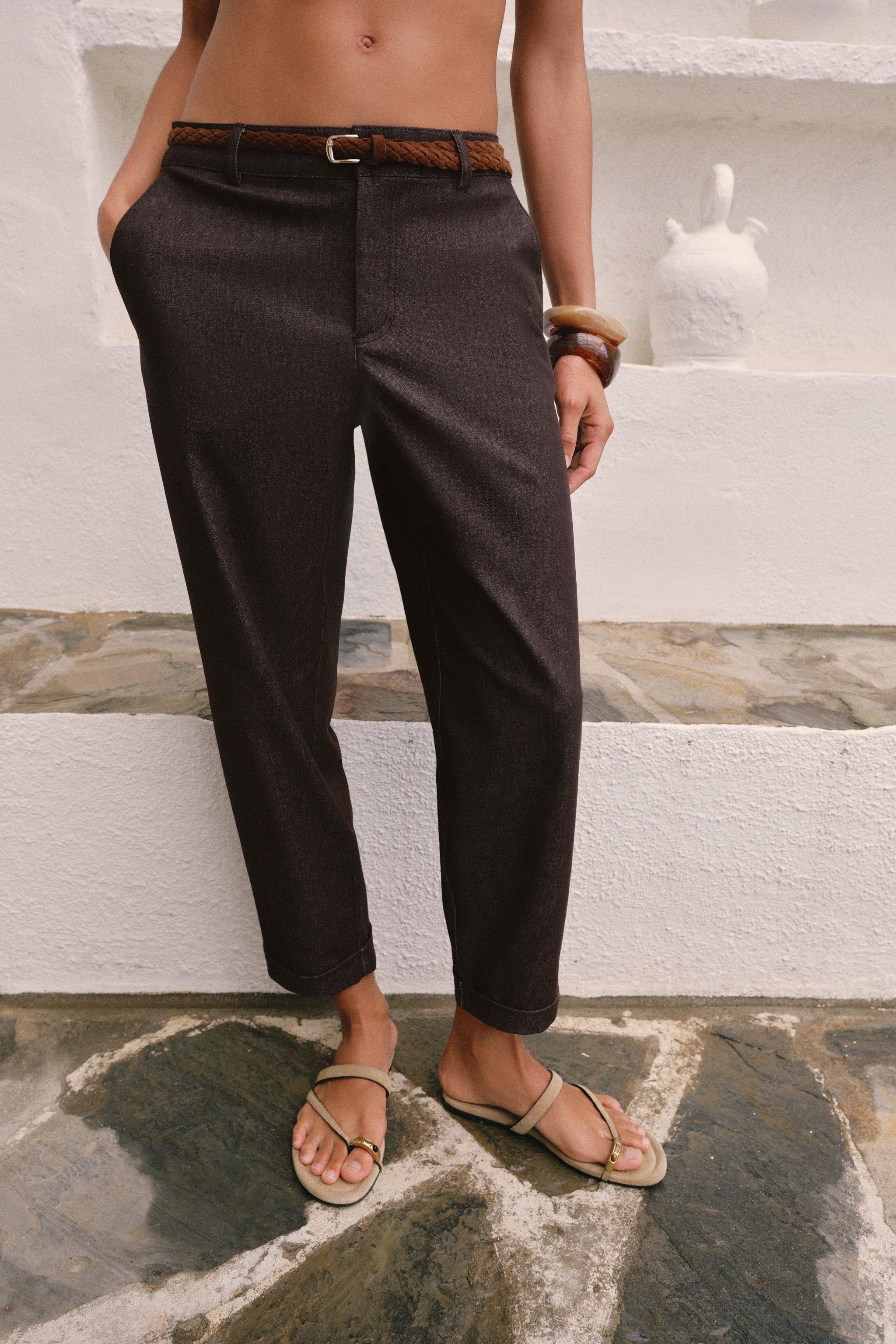BRAIDED BELT CHINO PANTS — Brown