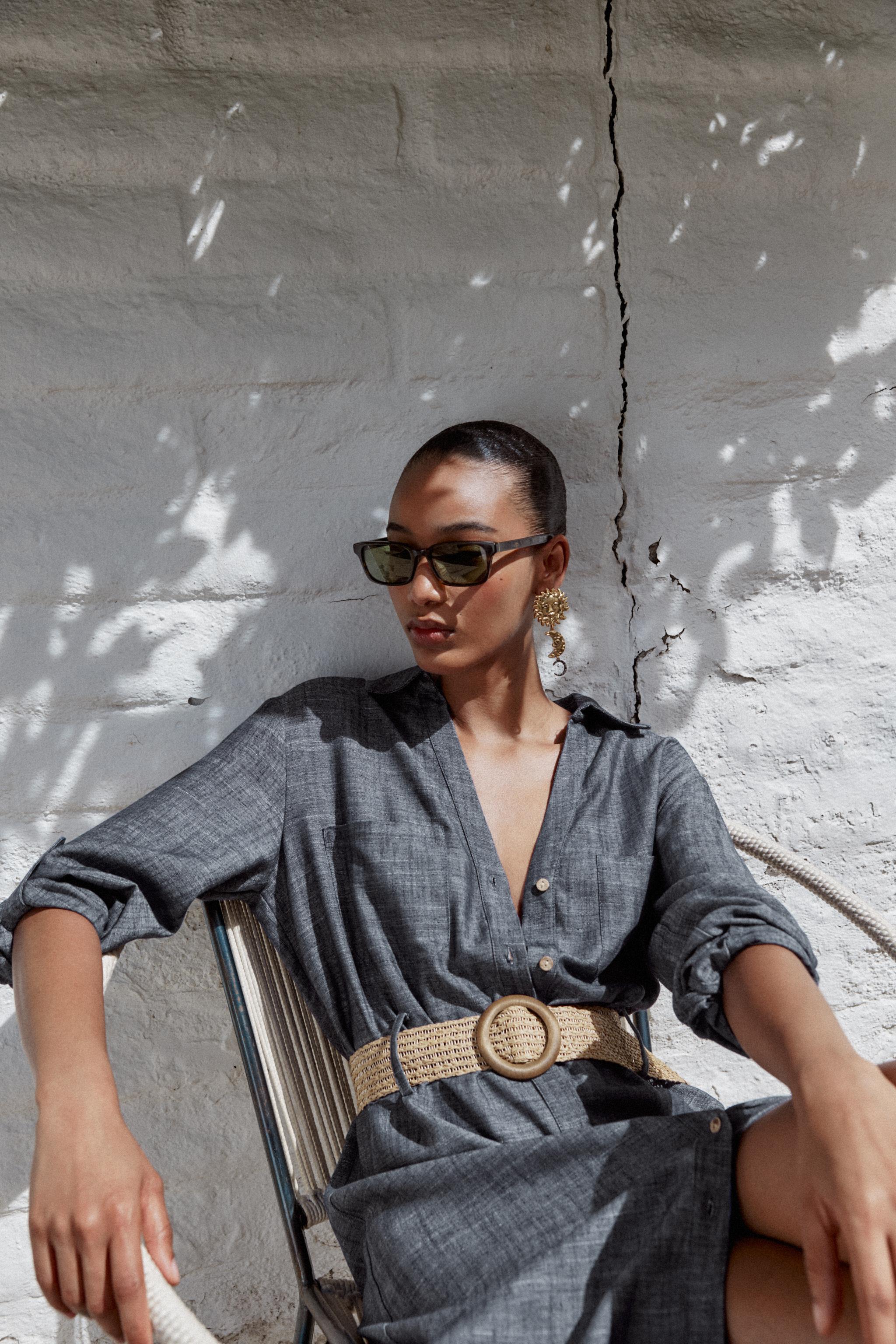 ベルト付きミディ丈ワンピース - 青色/白色 | ZARA Japan / 日本