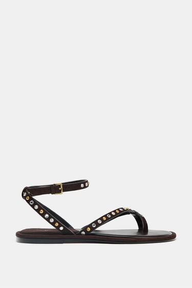 BEADED LEATHER SANDALS - Brown by Zara