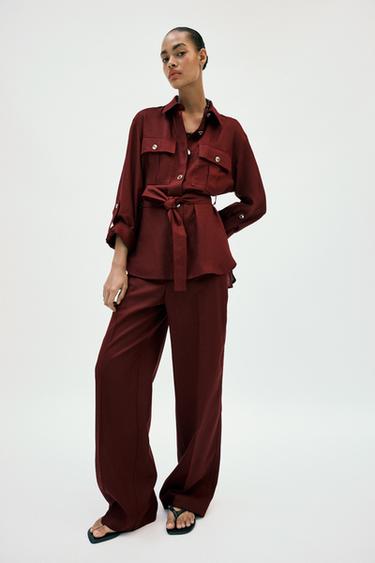 STRAIGHT-LEG LINEN BLEND TROUSERS - Burgundy by Zara