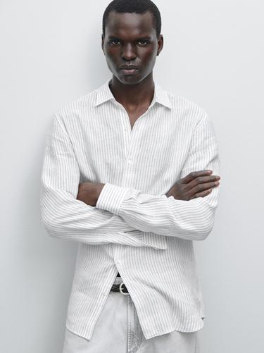 Zara Striped slim fit linen shirt - White